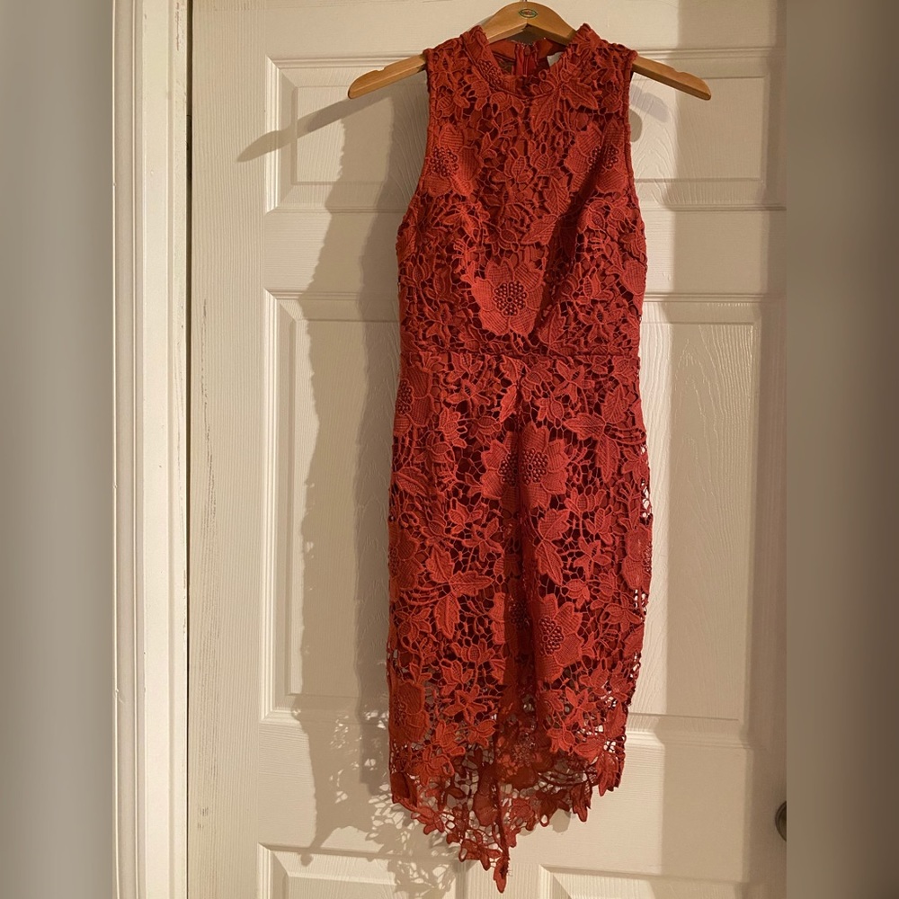 ASTR The Label fitted semi high low lace dress.
